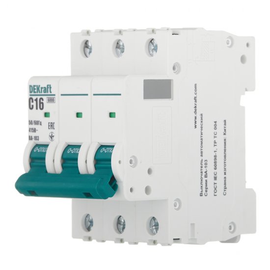 Автоматический выключатель модульный Dekraft BA-103 3P 16А тип C 6 кА 230/400 В (12305DEK)