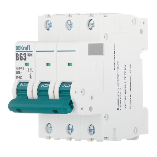 Автоматический выключатель модульный Dekraft BA-103 3P 63А тип B 6 кА 230/400 В (12247DEK)