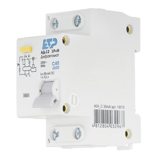 Автомат дифференциальный ETP АД-12 40А 1P+N тип AC 30 мА 4,5 кА компактный (19016)