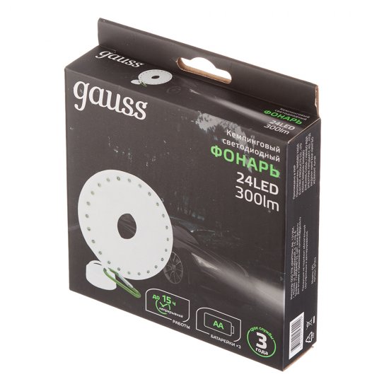 Фонарь кемпинговый Gauss светодиодный 24 LED 5 Вт на батарейках AA пластик с магнитом и карабином (GF003)