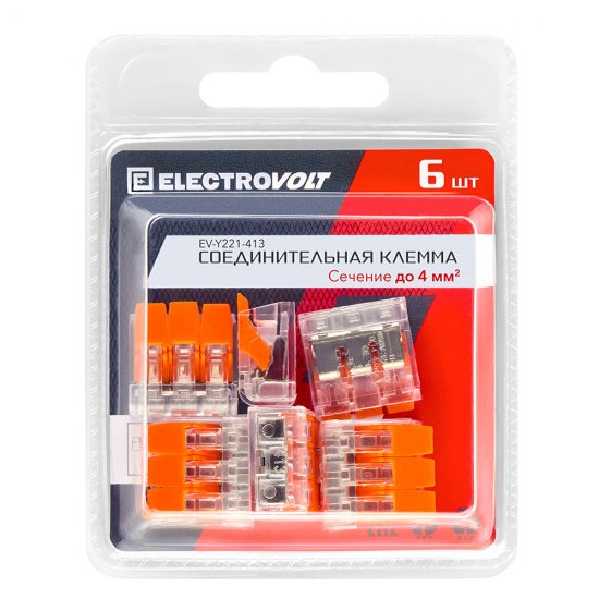 Клемма на 3 провода Electrovolt 221-413 0,2-4 кв.мм с рычажками без пасты (6 шт.) (ЦБ-00015530/604903)