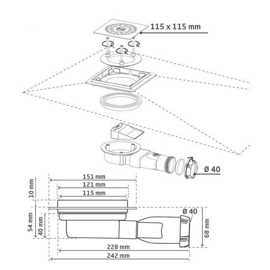 Трап душевой горизонтальный Wirquin Venisio Compact с сухим затвором 115х115 мм d90 мм решетка из нержавеющей стали (30723462)