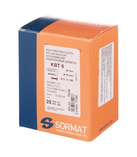 Дюбель для газобетона Sormat КВТ 6x50 мм (25 шт.) нейлон