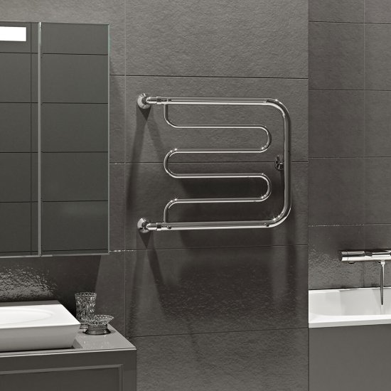 Полотенцесушитель водяной MyFrea 500х500 мм фокстрот с боковым подключением 500 мм с полкой хром