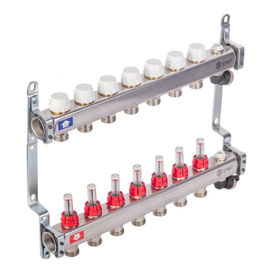 Коллекторная группа с расходомерами нержавеющая сталь Stout 1 ВР(г) х 7 выходов 3/4 НР(ш) ЕК х 1 ВР(г)