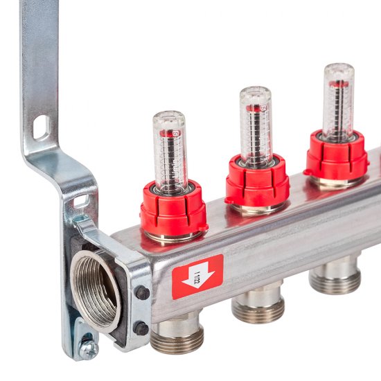Коллекторная группа с расходомерами нержавеющая сталь Stout 1 ВР(г) х 7 выходов 3/4 НР(ш) ЕК х 1 ВР(г)