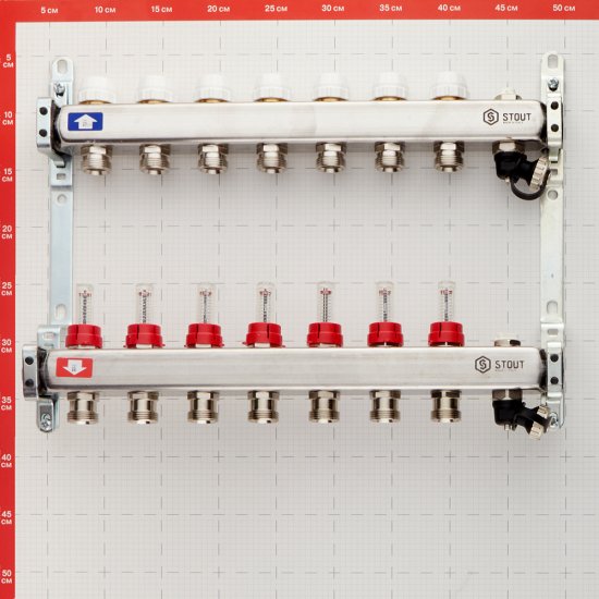 Коллекторная группа с расходомерами нержавеющая сталь Stout 1 ВР(г) х 7 выходов 3/4 НР(ш) ЕК х 1 ВР(г)