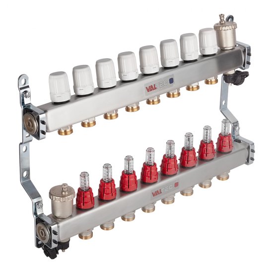 Коллекторная группа с расходомерами нержавеющая сталь Valtec 1 ВР(г) х 8 выходов 3/4 НР(ш) ЕК х 1 ВР(г)