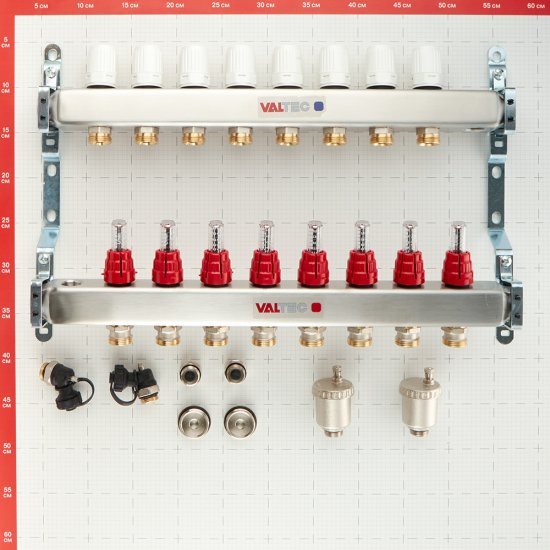Коллекторная группа с расходомерами нержавеющая сталь Valtec 1 ВР(г) х 8 выходов 3/4 НР(ш) ЕК х 1 ВР(г)