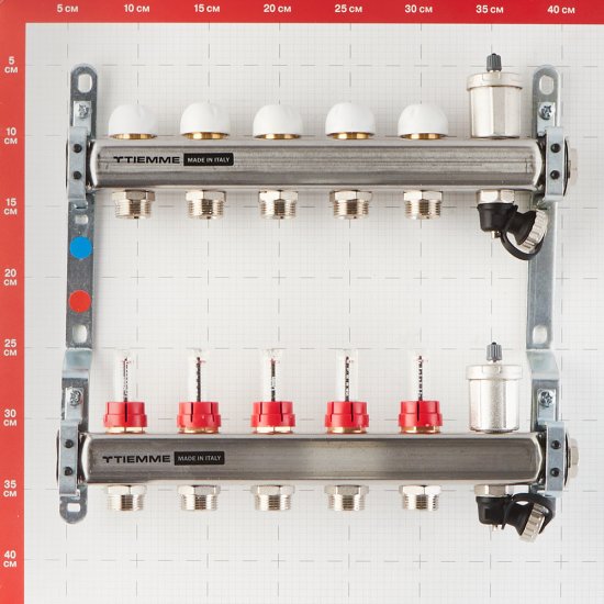 Коллекторная группа с расходомерами Tiemme 1 ВР(г) х 5 выходов 3/4 НР(ш) ЕК х 1 ВР(г)