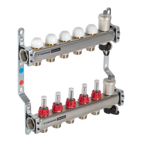 Коллекторная группа с расходомерами Tiemme 1 ВР(г) х 5 выходов 3/4 НР(ш) ЕК х 1 ВР(г)