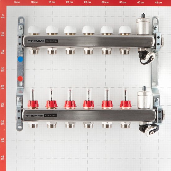 Коллекторная группа с расходомерами Tiemme 1 ВР(г) х 6 выходов 3/4 НР(ш) ЕК х 1 ВР(г)