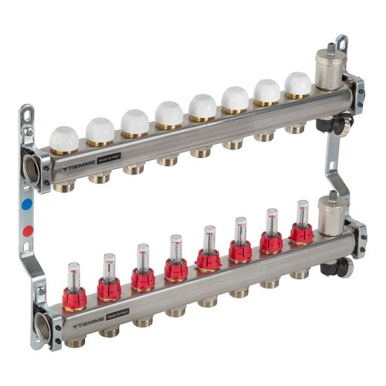 Коллекторная группа с расходомерами Tiemme 1 ВР(г) х 8 выходов 3/4 НР(ш) ЕК х 1 ВР(г)