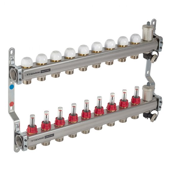 Коллекторная группа с расходомерами Tiemme 1 ВР(г) х 9 выходов 3/4 НР(ш) ЕК х 1 ВР(г)