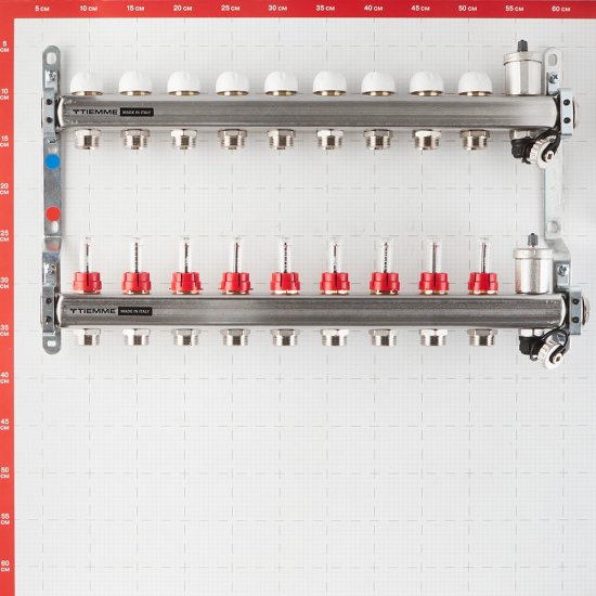 Коллекторная группа с расходомерами Tiemme 1 ВР(г) х 9 выходов 3/4 НР(ш) ЕК х 1 ВР(г)