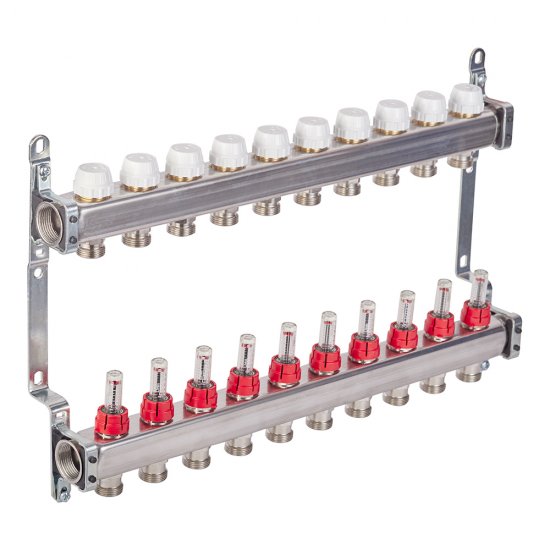 Коллекторная группа с расходомерами нержавеющая сталь Stout 1 ВР(г) х 10 выходов 3/4 НР(ш) ЕК х 1 ВР(г)