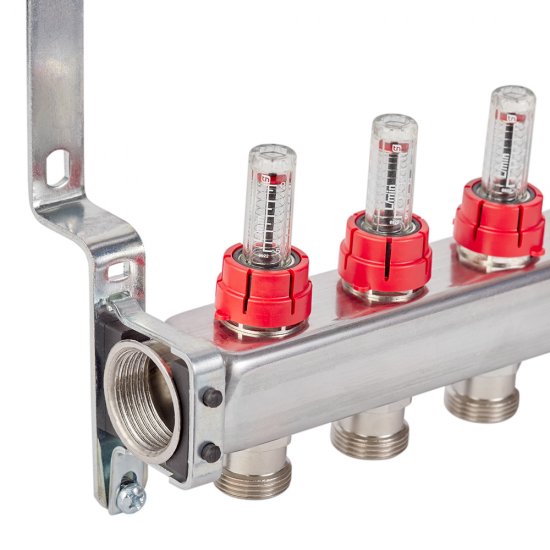 Коллекторная группа с расходомерами нержавеющая сталь Stout 1 ВР(г) х 10 выходов 3/4 НР(ш) ЕК х 1 ВР(г)