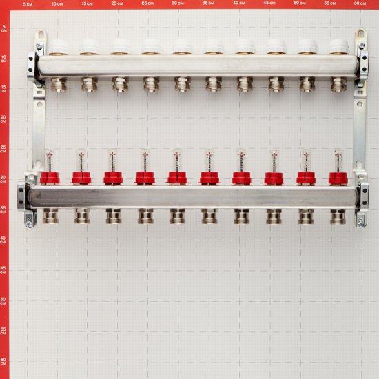 Коллекторная группа с расходомерами нержавеющая сталь Stout 1 ВР(г) х 10 выходов 3/4 НР(ш) ЕК х 1 ВР(г)