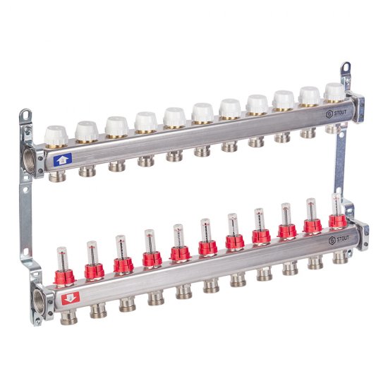 Коллекторная группа с расходомерами нержавеющая сталь Stout 1 ВР(г) х 11 выходов 3/4 НР(ш) ЕК х 1 ВР(г)