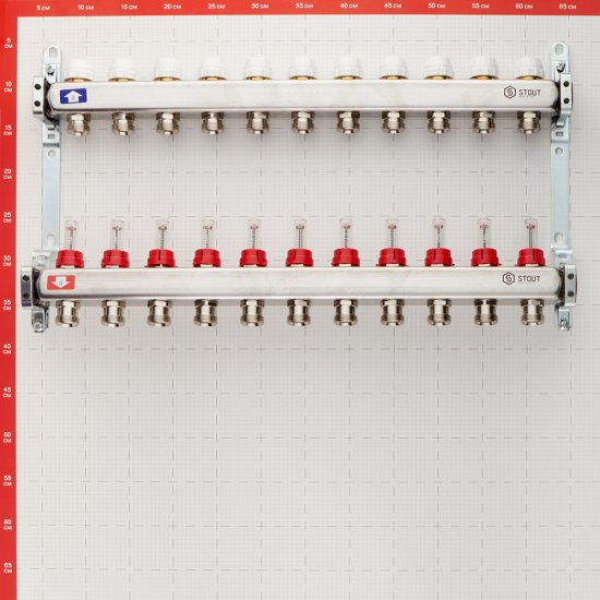 Коллекторная группа с расходомерами нержавеющая сталь Stout 1 ВР(г) х 11 выходов 3/4 НР(ш) ЕК х 1 ВР(г)