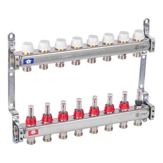 Коллекторная группа с расходомерами нержавеющая сталь Stout 1 ВР(г) х 8 выходов 3/4 НР(ш) ЕК х 1 ВР(г)