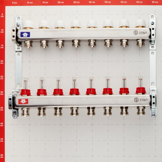 Коллекторная группа с расходомерами нержавеющая сталь Stout 1 ВР(г) х 8 выходов 3/4 НР(ш) ЕК х 1 ВР(г)