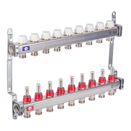 Коллекторная группа с расходомерами нержавеющая сталь Stout 1 ВР(г) х 9 выходов 3/4 НР(ш) ЕК х 1 ВР(г)