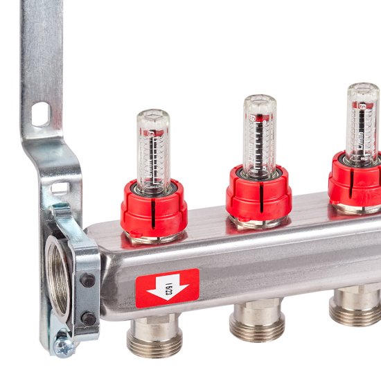 Коллекторная группа с расходомерами нержавеющая сталь Stout 1 ВР(г) х 9 выходов 3/4 НР(ш) ЕК х 1 ВР(г)