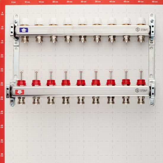Коллекторная группа с расходомерами нержавеющая сталь Stout 1 ВР(г) х 9 выходов 3/4 НР(ш) ЕК х 1 ВР(г)