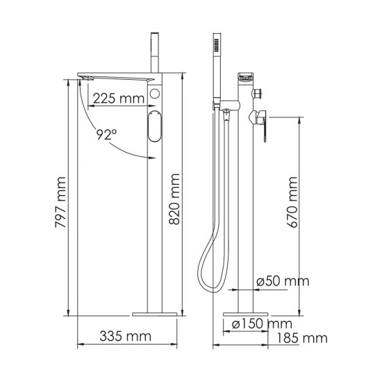 Смеситель для ванны напольный WasserKraft Dinkel хром однорычажный с коротким изливом с лейкой (5821)