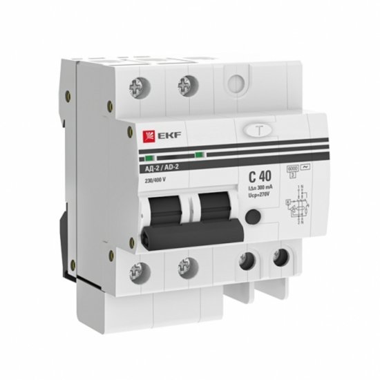 Автомат дифференциальный EKF PROxima АД-2 40А 1P+N тип AC 300 мА 6 кА (DA2-6-40-300-pro)
