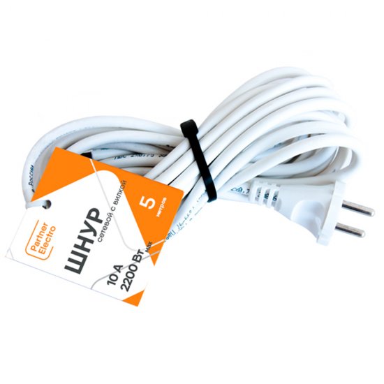 Шнур сетевой с вилкой 5 м ПВС-ВП 2х0,75 кв.мм 10 А Партнер-Электро белый (ЦБ-00013567/4521)