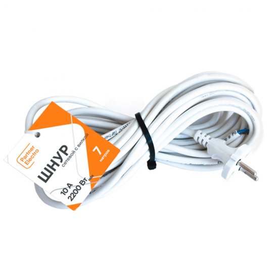 Шнур сетевой с вилкой 7 м ПВС-ВП 2х0,75 кв.мм 6 А Партнер-Электро белый (ЦБ-00013568/4538)