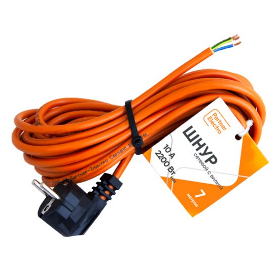 Шнур сетевой с вилкой 7,0 м ПВС-ВП 3х0,75 кв.мм 10 А Партнер-Электро оранжевый (ЦБ-00013572/4576)