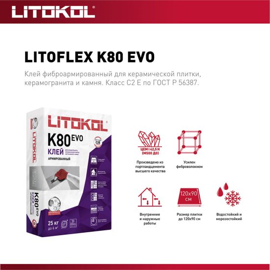 Клей для плитки/ керамогранита/ камня/ клинкера Litokol Litoflex K80 усиленный фиброволокном серый класс C2 E 25 кг