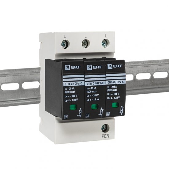 Ограничитель напряжения модульный EKF PROxima (opv-c3) 400 В 20 А тип AC 3P