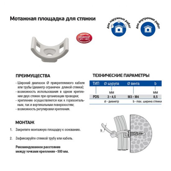Площадка для крепления стяжек Европартнер PDS 25х14 мм нейлоновая серая (100 шт.) (89299)