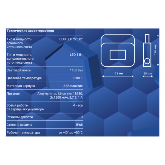 Фонарь прожектор Ritter светодиодный 2 LED 11 Вт аккумуляторный Li-Ion 2х1500 мАч пластик 3 режима (29131 2)