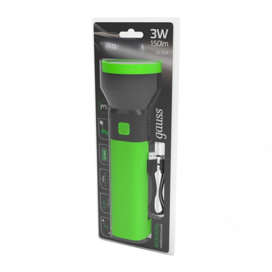 Фонарь ручной Gauss светодиодный 2 LED 3 Вт аккумуляторный Li-Ion 1200 мАч пластик 2 режима (GF203)
