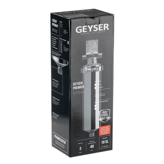 Корпус фильтра Гейзер Премьер для холодной и горячей воды нержавеющая сталь 10SL 1/2 НР(ш) х 1/2 НР(ш) серебро