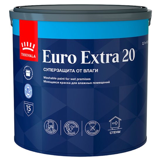 Краска моющаяся Tikkurila/Tikkivala Euro Extra 20 база А белая 2,7 л