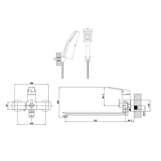 Смеситель для ванны Esko Singapore черный однорычажный с длинным изливом с лейкой (SB 31)