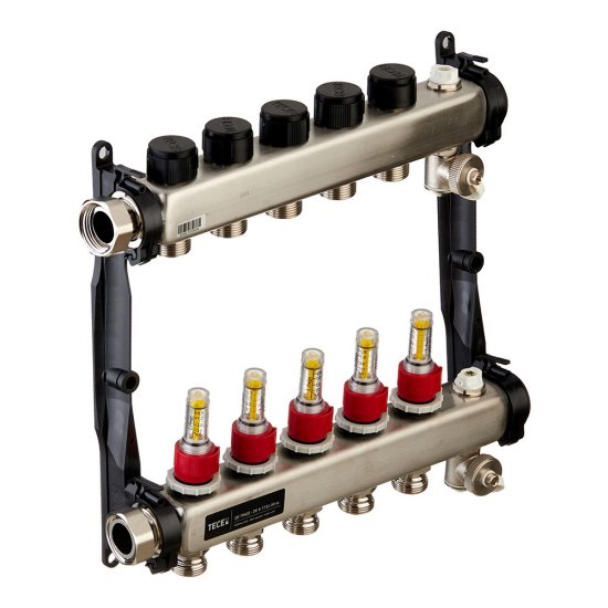 Коллектор для теплого пола Tece 1 ВР(г) х 5 выходов 3/4 НР(ш) ЕК х 1 ВР(г) с расходомерами (77310005)