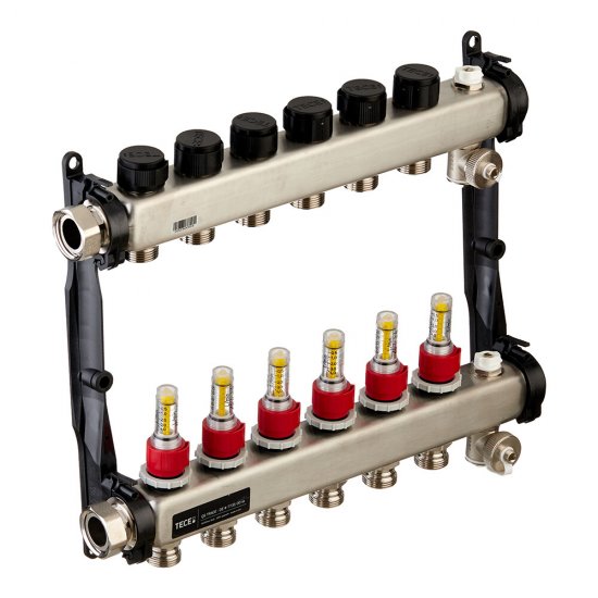 Коллектор для теплого пола Tece 1 ВР(г) х 6 выходов 3/4 НР(ш) ЕК х 1 ВР(г) с расходомерами (77310006)