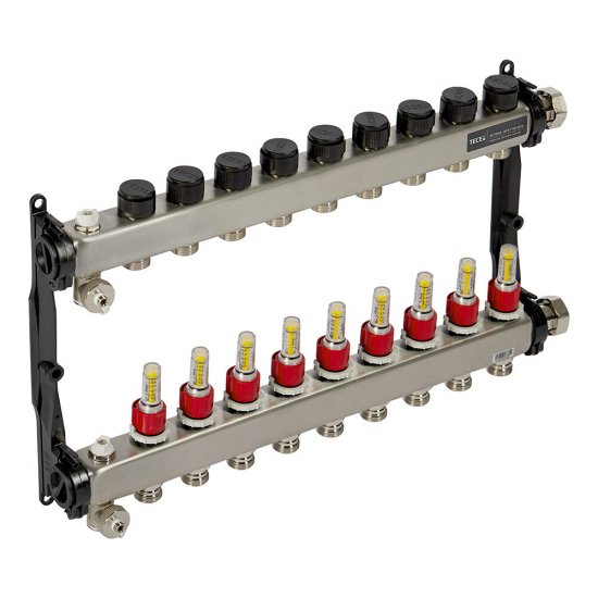 Коллектор для теплого пола Tece 1 ВР(г) х 9 выходов 3/4 НР(ш) ЕК х 1 ВР(г) с расходомерами (77310009)