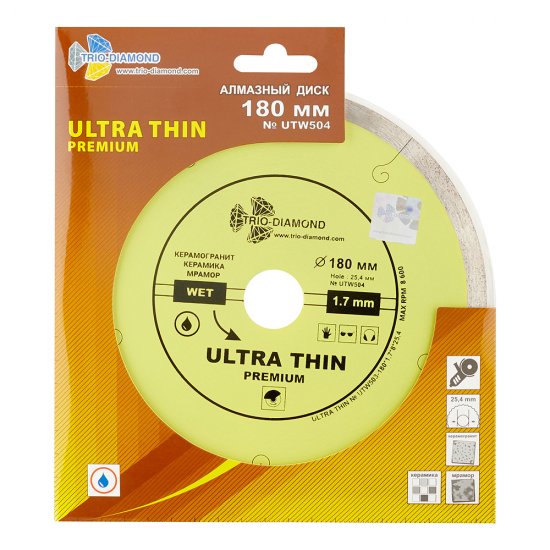 Диск алмазный по керамограниту Trio-Diamond Hot Pres 180x25,4x1,7 мм сплошной мокрый рез (UTW504)