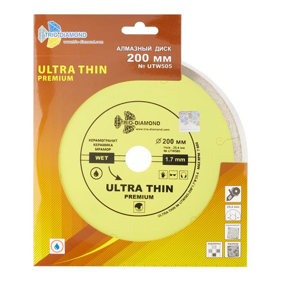 Диск алмазный по керамограниту Trio-Diamond Hot Pres 200x25,4x1,7 мм сплошной мокрый рез (UTW505)