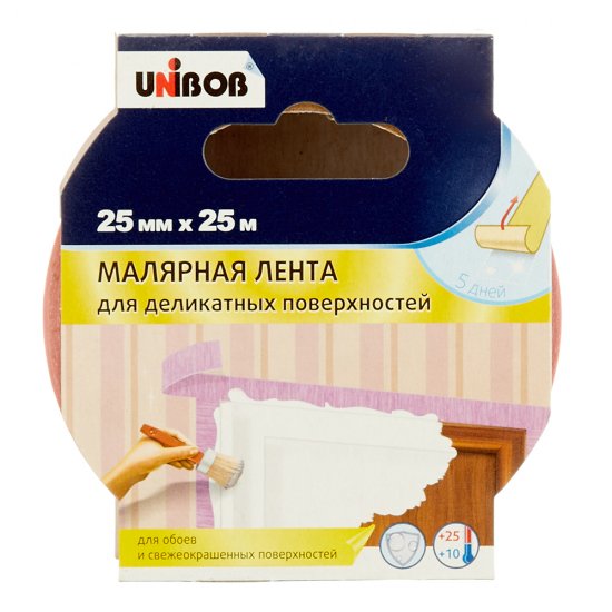 Лента малярная Unibob для деликатных поверхностей розовая 25 мм 25 м