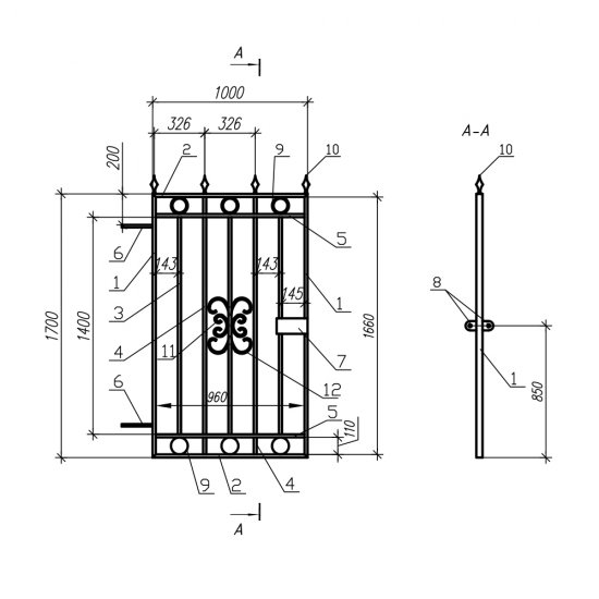 Калитка распашная с фигурными элементами 1х1,7 м черная