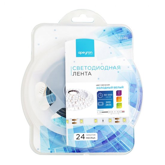 Лента светодиодная SMD 2835 6500К 12 В 9,6 Вт/м 2 м IP20 Apeyron (222BL)